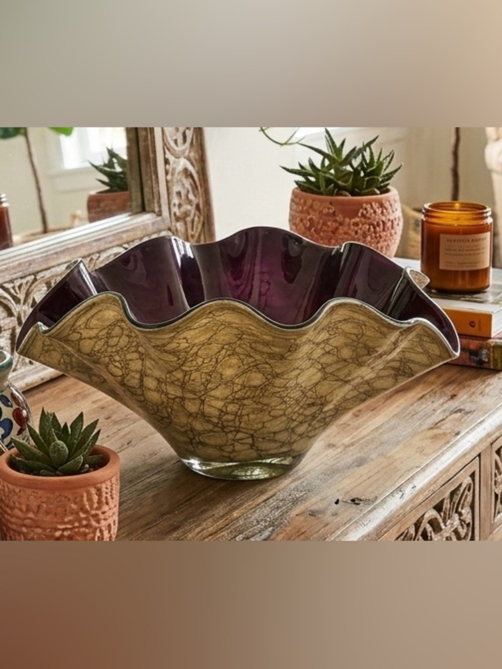 Józefina Krosno Poland Large 16" Marbled Plum Glass Handkerchief Ruffle Bowl
